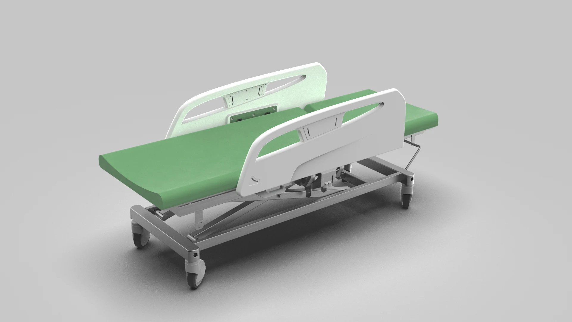 Motorized gynecological examination bed, three-section frame with hydraulic actuation