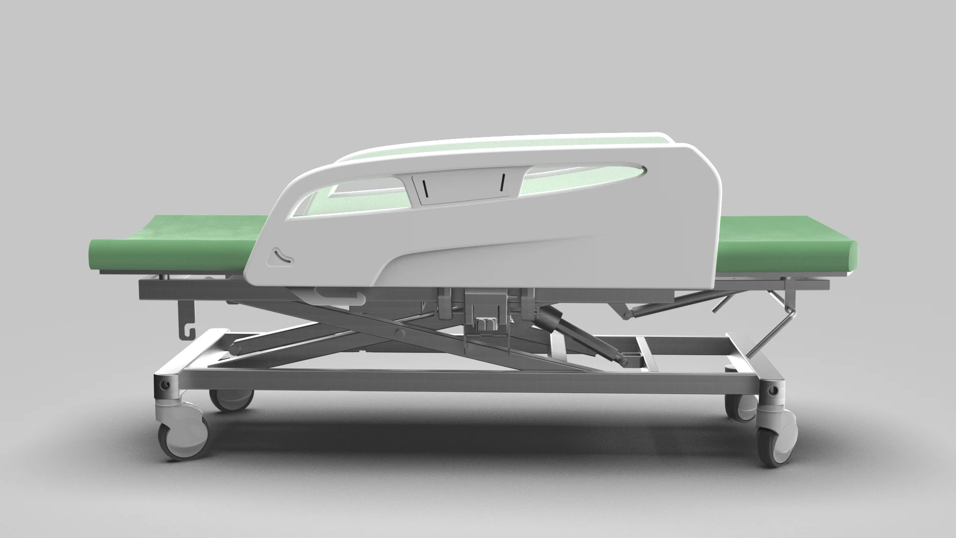 Motorized gynecological examination bed, headrest raised on a hydraulic lift frame
