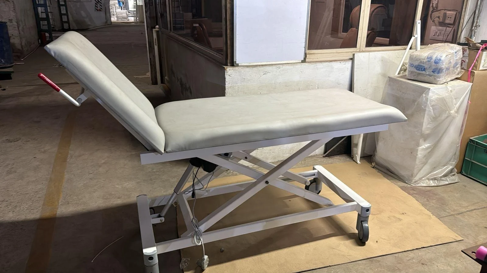 Finished motorized gynecological examination bed prototype at the Karma Medical facility
